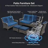 Patio Furniture Set 6-Piece Outdoor Patio Conversation Set with Blue Cushions Lawn Furniture — How It Works