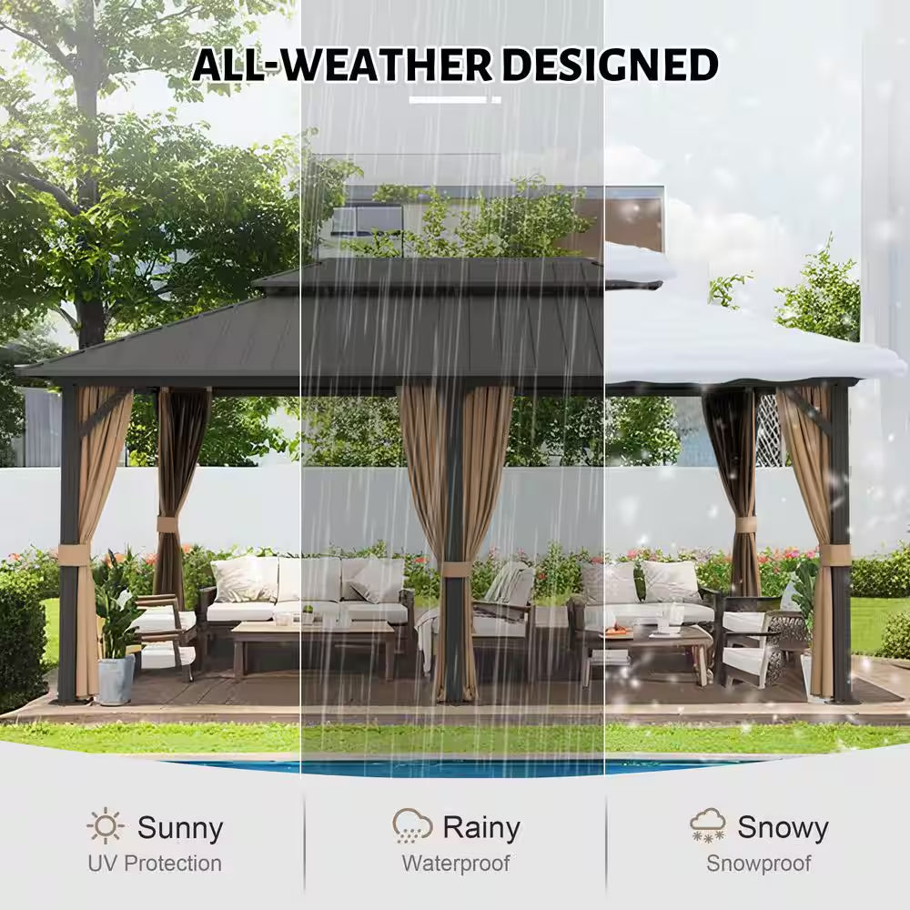 12 Ft. X 20 Ft. Metal Gazebo with Double Steel Roof, Mosquito Netting and Curtains