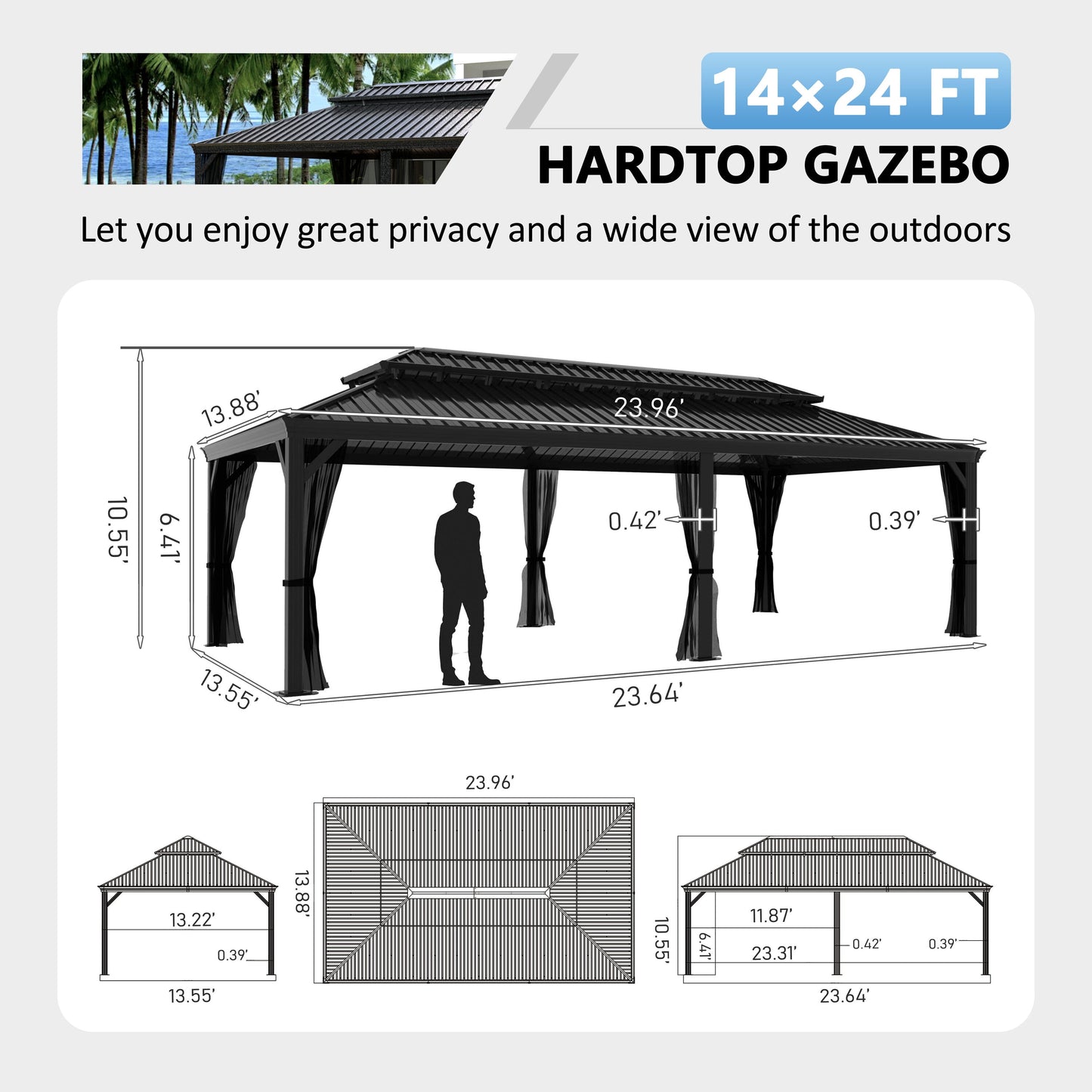 24-Ft X 14-Ft Gazebo Black Gazebo with Hardtop Roof (Screen Included)