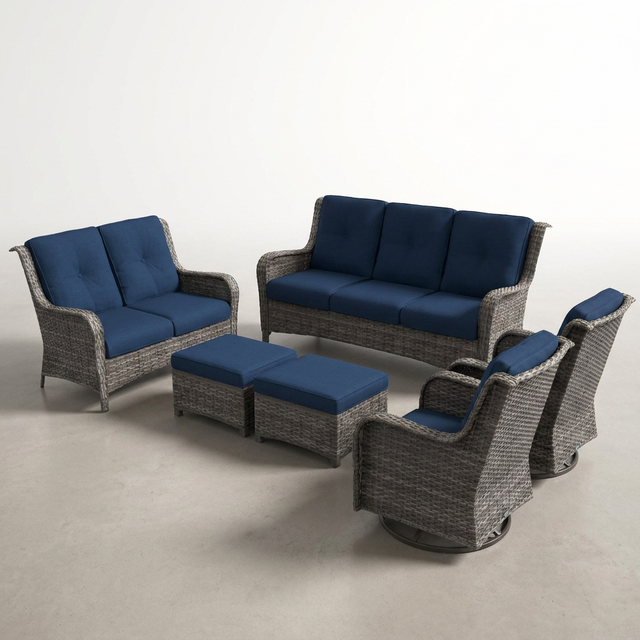 Patio Furniture Set 6-Piece Outdoor Patio Conversation Set with Blue Cushions Lawn Furniture — Studio Shot