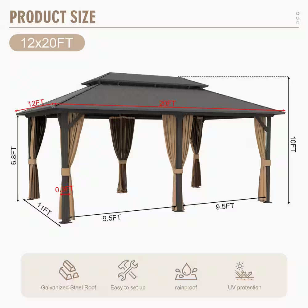 12 Ft. X 20 Ft. Metal Gazebo with Double Steel Roof, Mosquito Netting and Curtains
