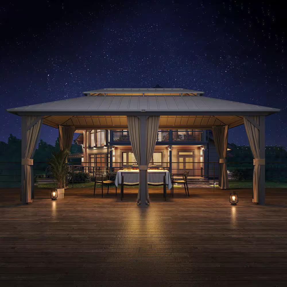 12 Ft. X 20 Ft. Metal Gazebo with Double Steel Roof, Mosquito Netting and Curtains